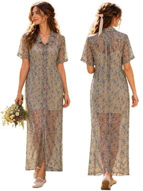 Vintage April Cornell Sheer Floral Button Up Maxi Dress Women's Large Green 90s